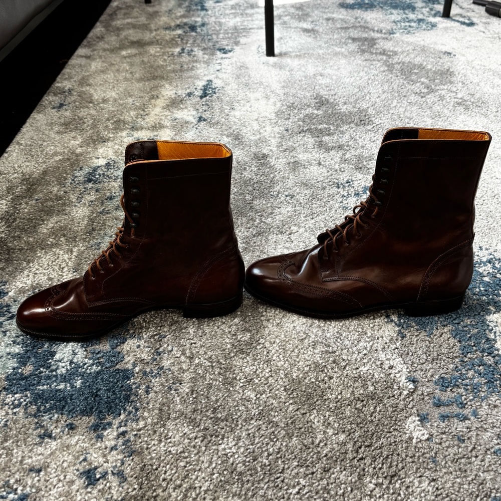 Vintage Ralph Lauren collection Sz 8.5 Granny Lace Up tan calfskin Ankle Booties - Picture 5 of 8